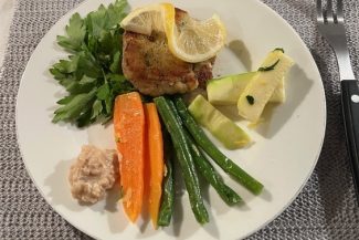 home made fishcake with honey glazed veg